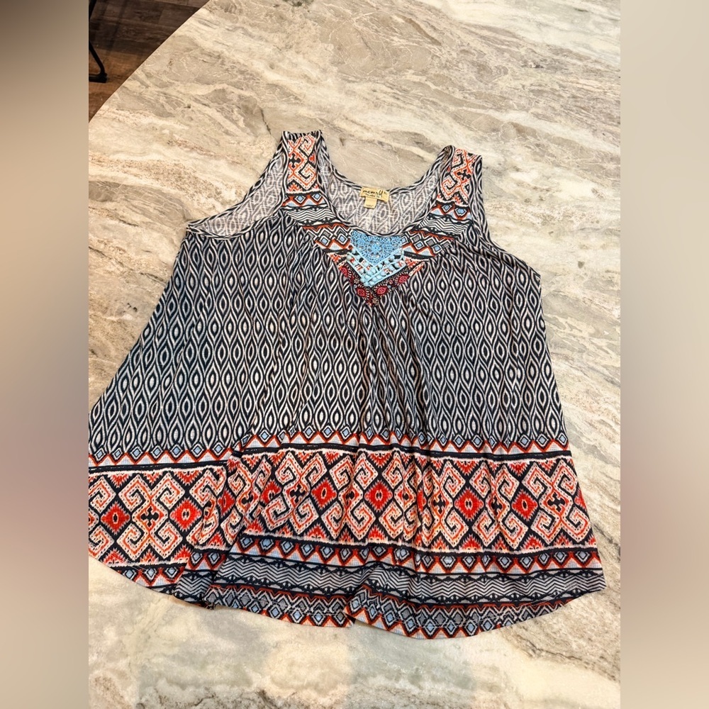 One World Boho Geometric Tank Crochet Neckline Size XL